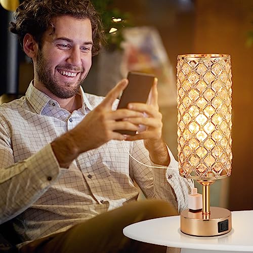 Image of Hong-in Gold Lamps Set of 2, Dimmable Gold Lamps for Nightstand with USB-C+A & AC Charging Ports, 3-Way USB Crystal Lamp, Bedside Desk Light for Bedroom Living Room Home Office(Bulb Included)