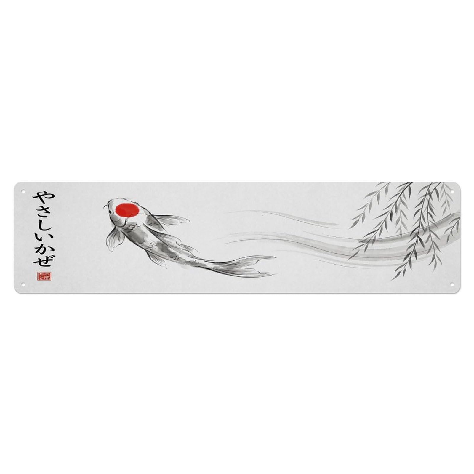 Olhnbad 4X16inch(10X40cm) Vintage Koi Fish Japanese Stream Artwork Metal Tin Sign