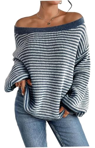 Suéter con Hombros Descubiertos: Jersey Suelto con Alas De Murciélago De Manga Larga A Rayas para Mujer, Prendas De Punto De Moda Informales Cómodas para Mujer
