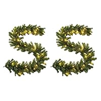 2 Pieces, 9ft/2.7m Pre-Lit Christmas Garland 70 Warm White LED 8 Light Modes Green Bushy Artificial Pine Long Garland for Indoor Outdoor, Stairs, Fireplace, Door, Mantel Home Garden Wedding Decoration