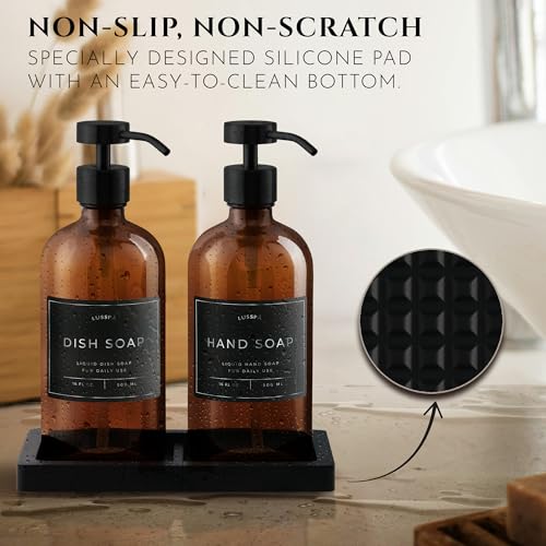 Glass Soap Dispenser Set of 2 (Amber) with Silicone Tray | Hand and Dish Soap Dispenser for Kitchen and Bathroom | 16.8 Oz Glass Bottles with Stainless Steel Pump & 15 Waterproof Labels (Amber/Black) — view 3