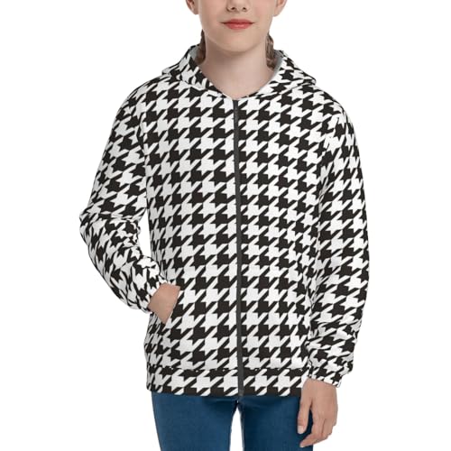 Houndstooth Black And White Kids Pullover Hoodies Boys Zip Up Sweatshirts Girls Athletic Clothes with Pocket3