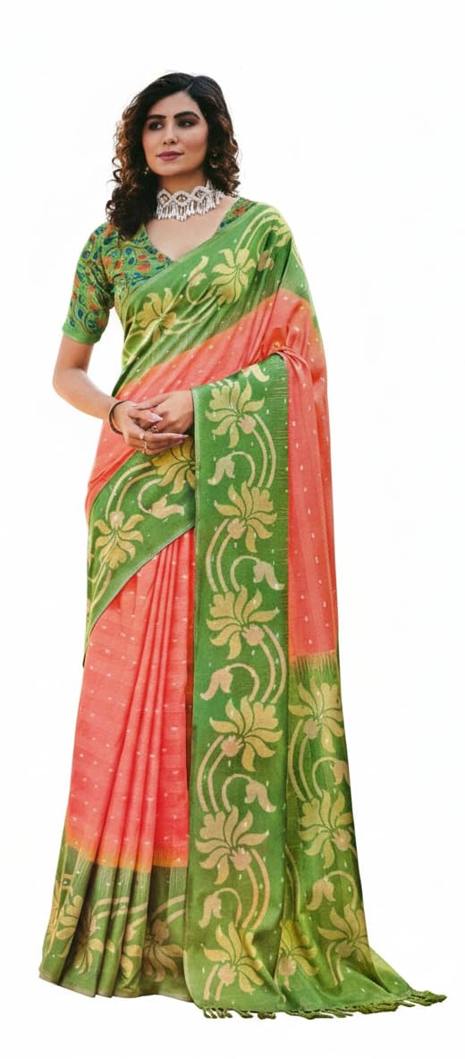Elegant Silk Blend Saree with Floral Border Design, Peach and Green Traditional Indian Wear, Unstitched Blouse Piece for Festive and Wedding Occasions-image-33