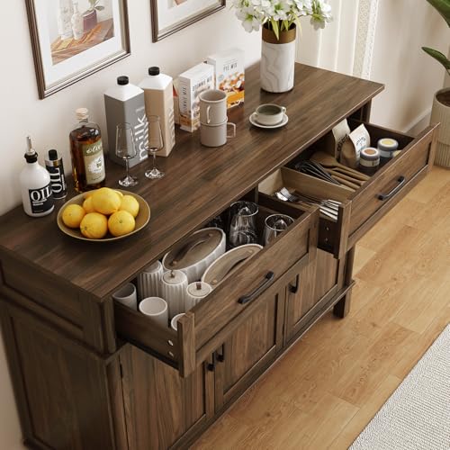 Image of ONBRILL 48 Inch Buffet Cabinet with Storage, Farmhouse Sideboard Buffet w /2 Drawers and 3 Doors, Wood Coffee Bar Cabinet with Adjustable Shelves, Sideboard Storage for Kitchen, Living Room, Walnut