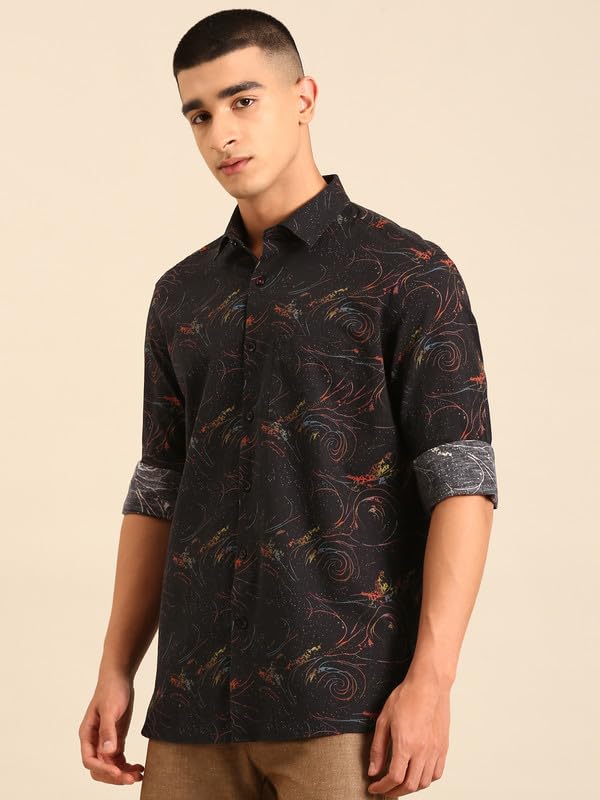 Image of Cavallo by Linen Club Men's Blended Linen Red Printed Contemporary Fit Full Sleeve Casual Shirt