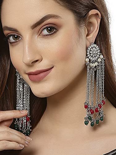 Image of Karatcart Kundan Tassel Earrings for Women (Pink and Green Beads)