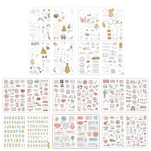 ZIJANG Pegatinas Boda, Paquete 10 Hojas Pegatinas Personalizadas Boda, Patrones Pegatinas Album Fotos 587 para Libro Visitas, Álbum Fotos, Recuerdos Fiestas y Tarjetas Invitación