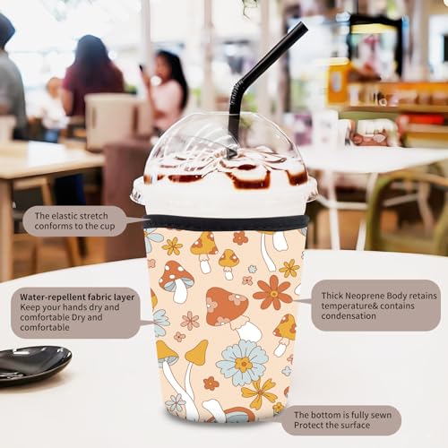 Image of 3 Pack Reusable Neoprene Insulator Sleeve for Iced Coffee Cups, Funny Coffee Cup Sleeves for 16-32oz Coffee cups, Cute Drink Sleeve for Cold Hot Beverages Boho Mushroom