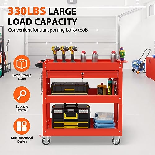 Image of 3 Tier Heavy Duty Rolling Tool Cart with Drawers, Large Storage Utility Cart on Wheels for Garage, Warehouse, Repair Shop (Red)