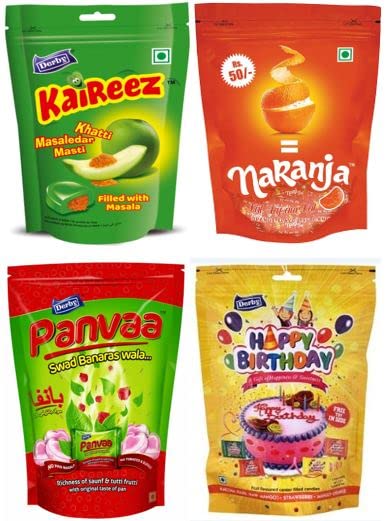 DerbyDerby Kaireez Kacha Mango Flavor, Naranja Orange Flavor, Happy Birthday Mixed Fruit Center Filled Candy & Panvaa (Banarasi Paan) Pack of 8 /Return Gifts to Your Family & Friends / 1400Gms