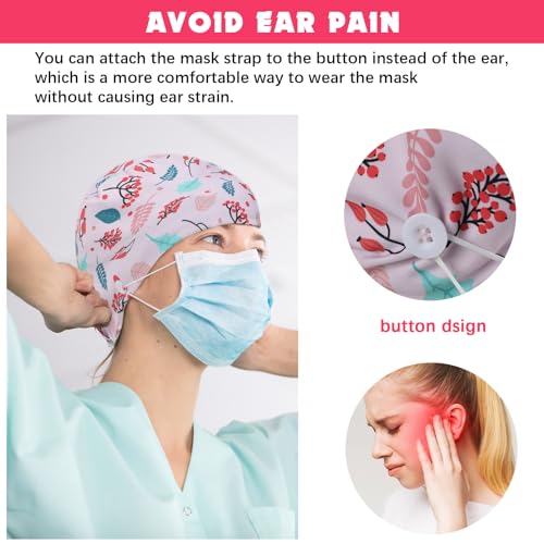 Image of 6 Pcs Scrub Caps for Women Doctor Nursing Hats with Buttons Adjustable Tie Back Working Cap Bouffant Scrub Hats for Women Men