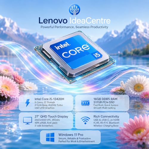 Image of Lenovo IdeaCentre All in One Desktop, 27 inch QHD 2.5K+ 100Hz Touchscreen All-in-One Desktop, Intel 8-Core i5-13420H, 16GB DDR5, 512GB SSD, Webcam, Wireless Keyboard & Mouse, Win 11 Pro