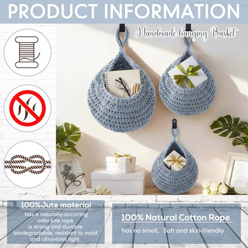 Image of Honeydak 3 Hanging Baskets, Light Blue, Teardrop, Cotton Rope