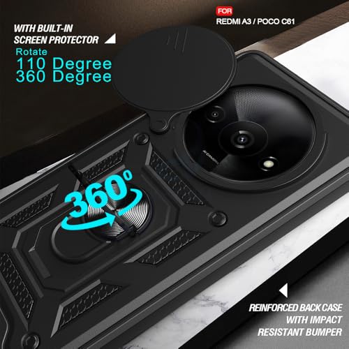 Image of AESTMO Tough Armor Redmi A3 / Poco C61 Bumper Back Case Cover | Ring Holder & Sliding Camera Shield Cover | 360 Degree Protection Back Case Cover for Redmi A3 / Poco C61 (Black)