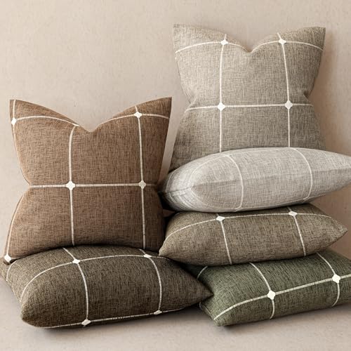 Image of Foindtower Pack of 2 Decorative Faux Linen Jacquard Check Throw Pillow Covers Farmhouse Cushion Cover with Grid Textured Accent Pillowcase for Couch Sofa Living Room Home Decor,16x16 Inch,Orange Brown