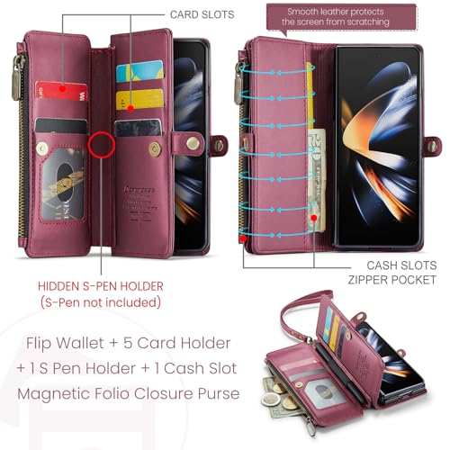 Defencase Z Fold 4 Case, for Galaxy Z Fold 4 Case with S Pen Holder, RFID Blocking for Samsung Galaxy Z Fold 4 Wallet Case for Women and Men with Card Holder Zipper Strap PU Leather Flip, Wine Red