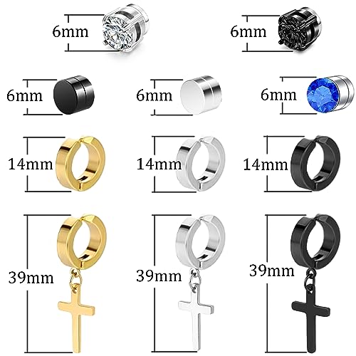 Magnetic Earrings - 15 Pairs Clip On, Non-Pierced, Fake Earrings - Black Cross Hoop Dangle for Men & Women4