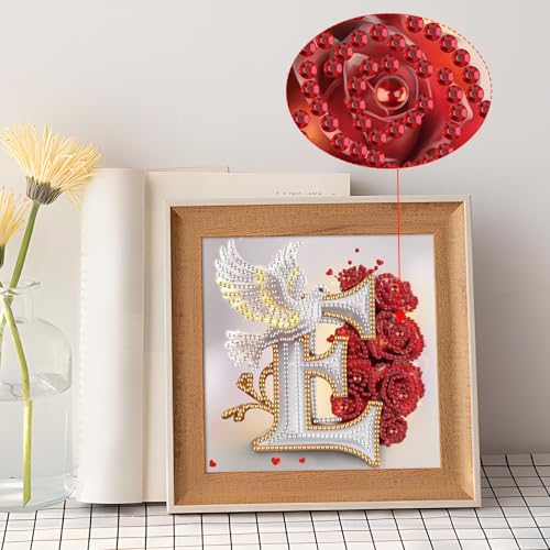 Image of AiYuanzsh 5D Diamond Art Kits for Adults Letter E, Exquisite Floral Rose & Dove Special Shape Diamond Painting, DIY Alphabet Diamond Art for Home Wall Decor 17x17cm