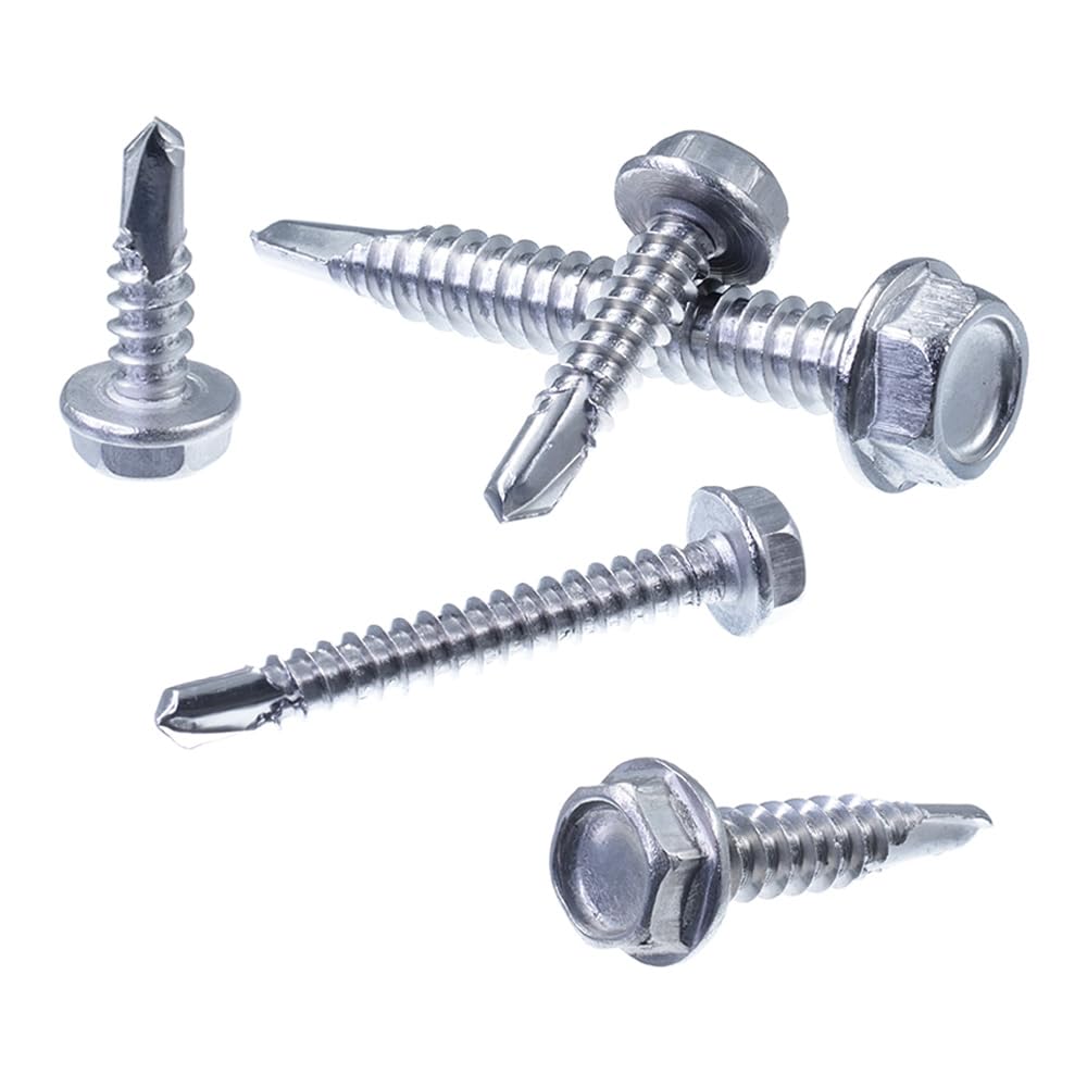 SECCARO Lot de 100 vis à tôle à tête hexagonale et collet 6,3 x 32 mm, en acier inoxydable A2, pointe de forage, ISO 15480/DIN 7504