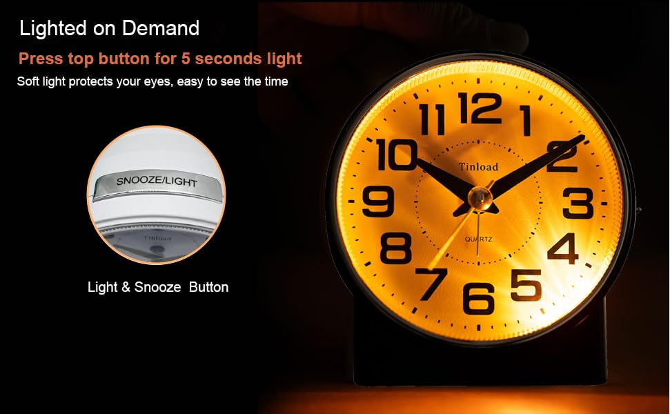 Image of Tinload 4.3 inch No Ticking Analog Alarm Clock,Silent Readable for Seniors,Easy to Set,Gradual Rise Alarm,Big Numbers,On /Off Switch on Side,Gentle Wake,Snooze,Lighted on Demand,Battery Operated,White