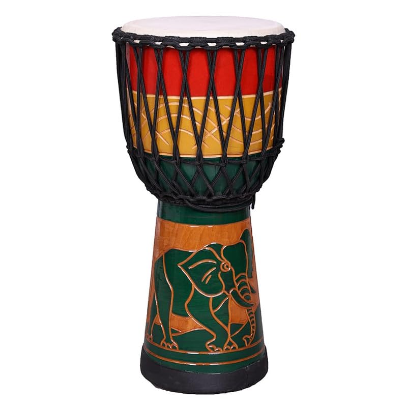 Image of StarJam Single Wood Shell Mahogany Wood Djembe Deep Carved Drum - 8 Inches Diameter X 16 Inches Height Musical Instrument with Bag - Elephant Carved Djembe