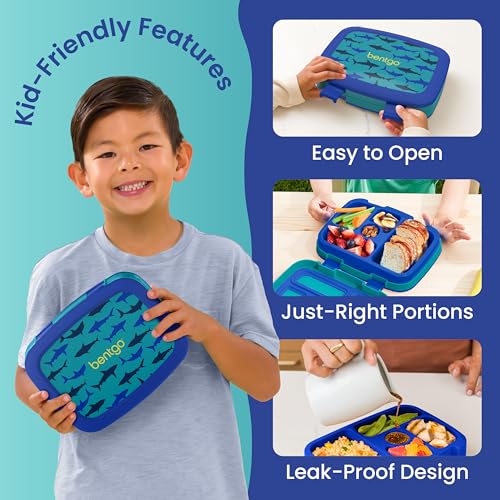 Image of Bentgo Kids Prints Leak-Proof, 5-Compartment Bento-Style Kids Lunch Box - Ideal Portion Sizes for Ages 3-7, Durable, Drop-Proof, Dishwasher Safe, & PFAS & BPA-Free Materials (Sharks)