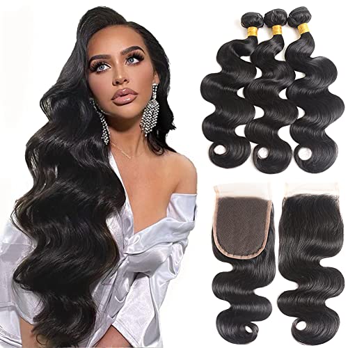 Body Wave Human Hair Bundles with Closure 100% Unprocessed Brazilian Virgin Bundles with 4x4 Free Part Lace Closure Human Hair Weave Extensions Natural Color (18 20 22+16, Bundles with Closure)