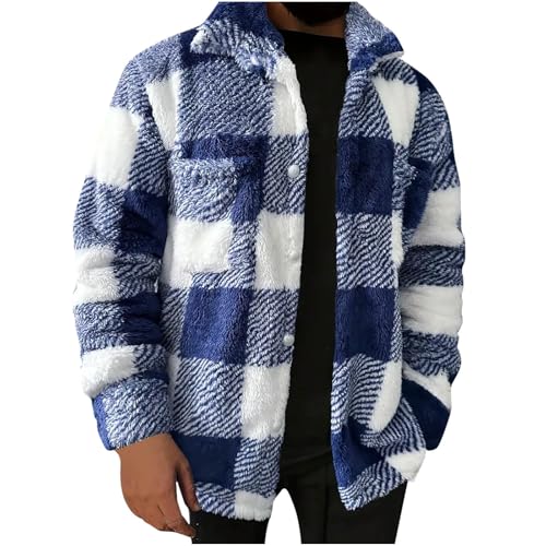 Flannel Shirt Jacket Men Plaid Button Down Teddy Winter Coats Lapel Oversized Warm Fuzzy Fleece Outwear with Pockets
