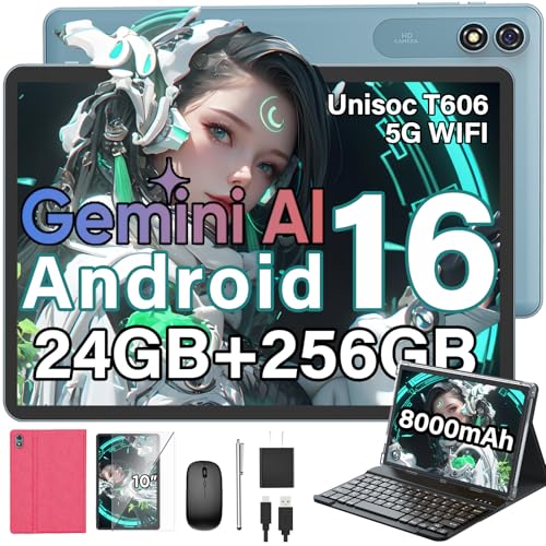 Image of Relndoo 2026 Android 16 Tablet with Keyboard, 10 inch Tablet with 24GB+256GB+2TB Expand, Gemini AI Tablet PC with 8-Core, 5G WiFi, 8000mAh, GMS, GPS, 2-in-1 Tablet with Case, Mouse, Stylus(Pink case)