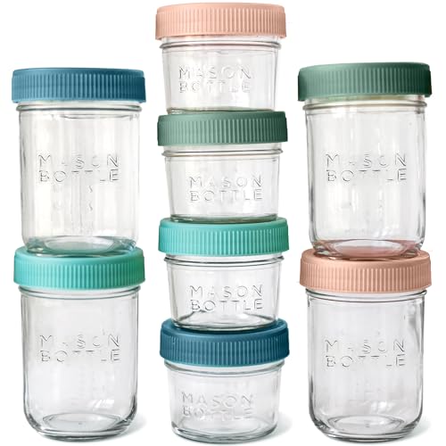 Image of Mason Bottle Breast Milk Storage Jars (4oz & 8oz, 8-Pack) – Reusable Glass Baby Food Containers with Lid for Baby Formula & Breastmilk – Airtight, Stackable, Freezable (Deep Ocean)