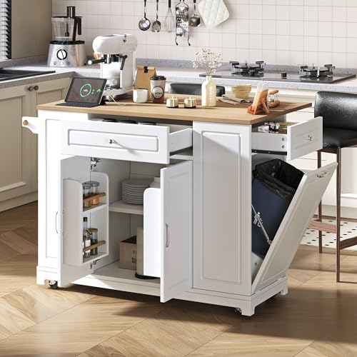 Zepneiy ilot Central Cuisine avec Coin Repas Extensible, Table à Manger avec Compartiment Poubelle et tiroirs Multifonctions, Chariot à roulettes Blanc...
