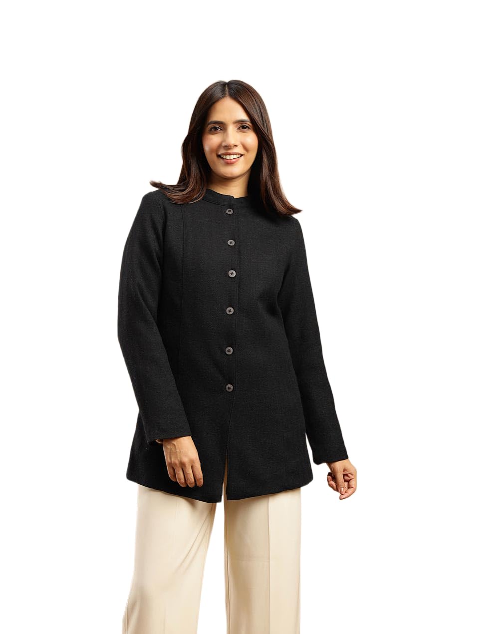 fabindia Women Wool Black Solid Mandarin Collar Full Sleeves Relax Regular Fit Jacket-picture-17