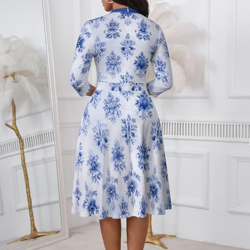 Image of PinkPatty Women's Casual A-line Midi Dresses 3 /4 Sleeve V Neck Fit and Flare Dress with Pockets