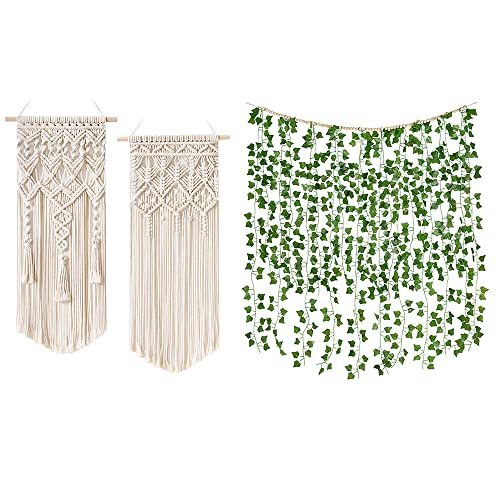 Mkono 2 Pcs Macrame Woven Wall Hanging And Fake Ivy Leaves Vines Boho Art Decor For Bedroom Home Living Room Kitchen Office Decor, Set Of 3 #TOP8
