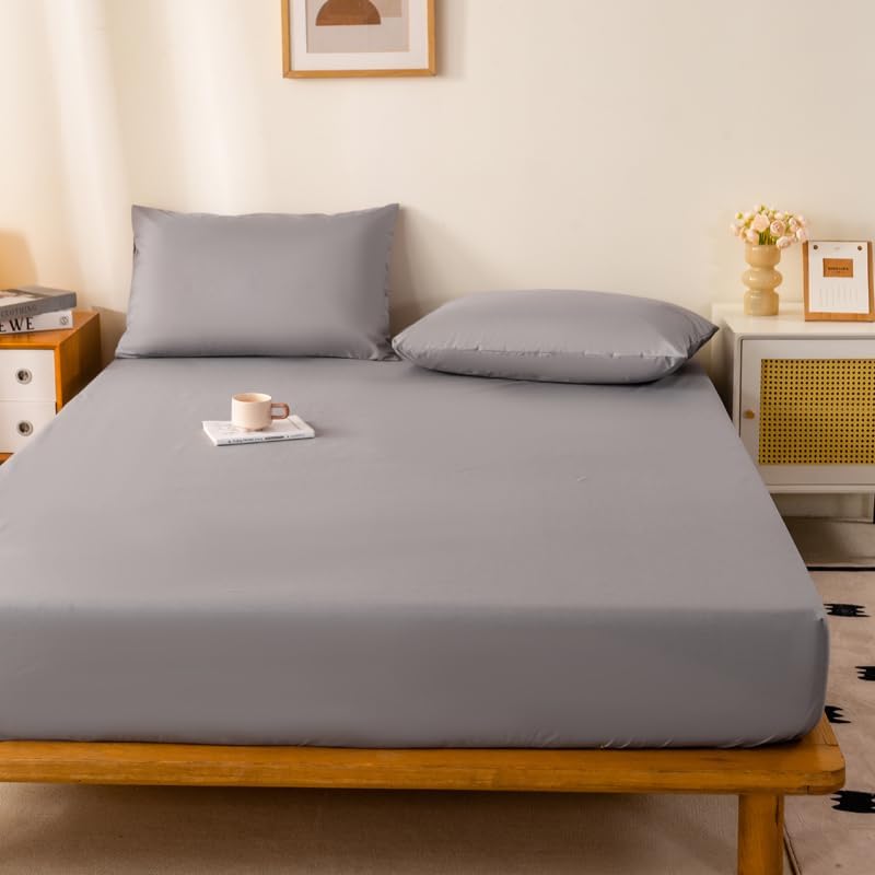 Fitted Sheet Soft,Thickened Quilted Pure Cotton Mattress Protector,Soft and Comfortable Non-Slip Box Spring Mattress Topper（Buy Pillowcases Separately） (Gray,Queen)