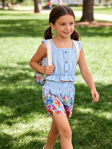 Image of Kids Toddler Girls Summer Clothes Button Design Striped Tank Top + Floral-Print Elastic Shorts 2 Piece Outfits
