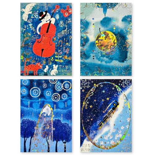 シール堂 日本製 箔入り ポストカード 4柄 セット 宮沢賢治 銀河鉄道の夜 よだかの星 セロ弾きのゴーシュ やまなし きらぴか Shinzikatoh ks-pc-40001のサムネイル