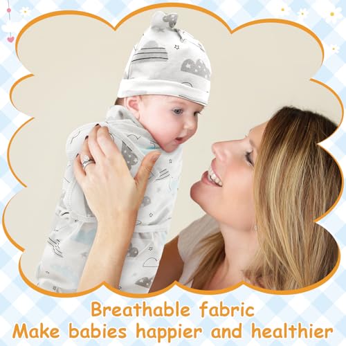 Image of Ramede 6 Pack Swaddle Blanket with Hats for Baby Girl Boy 100% Cotton Swaddles 0-3 Months, Adjustable Breathable Skin Friendly Receiving Blanket Wrap, Essential for Newborns(Heart,Blue)