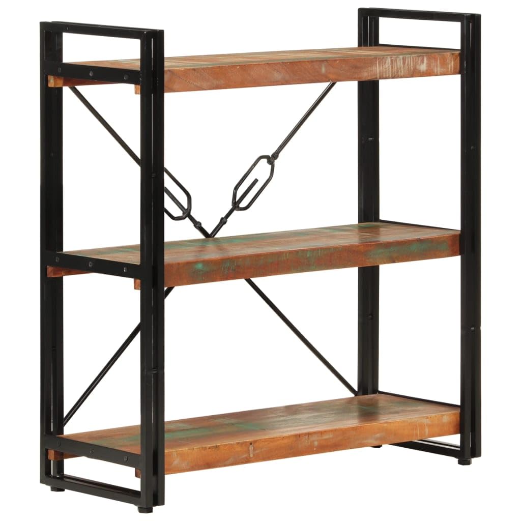 Librería con 3 compartimentos de madera maciza reciclada y hierro en estilo industrial y diseño retro, estantería de madera envejecida de 77 x 30 x 80 cm con 3 estantes y marco de acero con