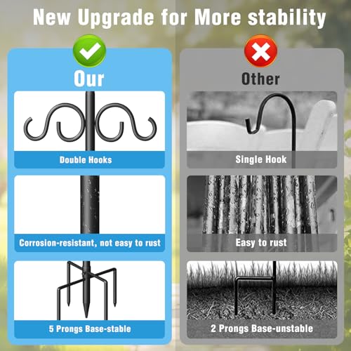 Image of Double Shepherds Hooks for Outdoor, 92 Inch Heavy Duty Bird Feeder Pole with 5 Prongs Base, Adjustable Shepherds Hook for Bird Feeder, Garden, Weddings, Hanging Plant, 1 Pack