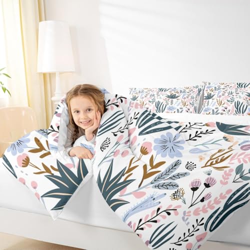 Image of Feelyou King Size Comforter Set, Cartoon Flowers Duvet Set - Pink, Green Plants, Botanical Leaves and Flowers Pattern, Durable Quilt Set