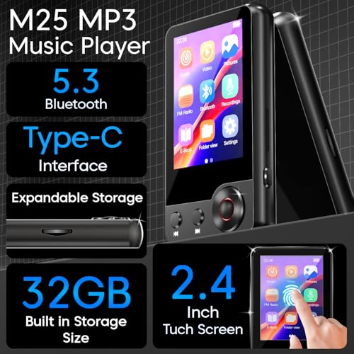 Image of Sounce M25 32GB MP3 Player with Bluetooth 5.3 Touch Screen Music Player HiFi Speaker 2.4 Inch Display FM Radio Voice Recorder Video Ebook SD Card Support Portable Audio Player Premium Edition (Black)