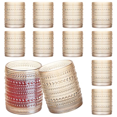 12 Pcs Golden Hobnail Beaded Drinking Glasses, 12 oz Vintage Glassware Set Romantic Water Glasses Tumbler, Water Cups, Clear Embossed Glassware Set for Beer, Juice, Cocktail, Soda, Beverages Amber