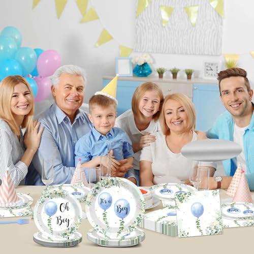 Image of 96 Pcs Oh Boy Watercolor Blue Balloon Party Supplies Greenery Boy Baby Shower Tableware Set Eucalyptus Party Favor Birthday Baby Shower Plates and Napkins Table Decorations for 24 Guests