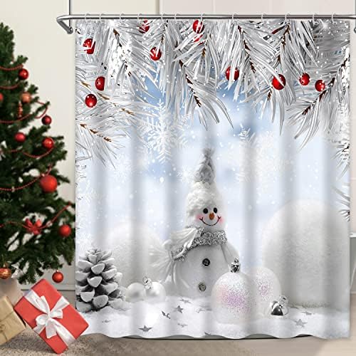 Jofei White Christmas Snowman Shower Curtain Blue Grey Cedar Branches Cute Snowball Snowflakes Xmas Bath Curtain Waterproof Winter Merry Christmas Festival Bathroom Decor 72 x 72 Inches