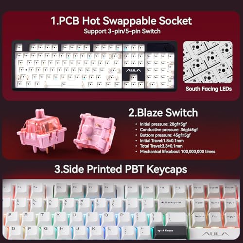 Image of AULA F106 Pro Wireless Keyboard Full Size Mechanical Gaming Keyboards | Full Size,Hot Swappable Custom,8000mAh,RGB Backlit,Creamy Pre-lubed Blaze Switches,PBT Keycaps,Tri-Mode BT /2.4GHz /USB-C
