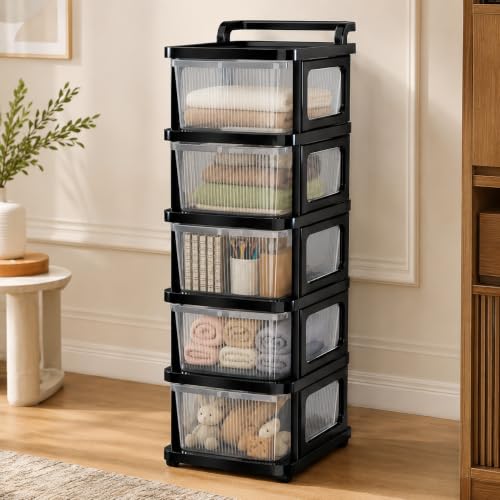Image of Heavy Duty Plastic Storage Drawer with Wheels | Modular Cabinet for Bedroom, Office, Home or Classroom| Chest of Drawers Organiser for Cosmetics, Kitchen items, Toys (Transparent, 5)