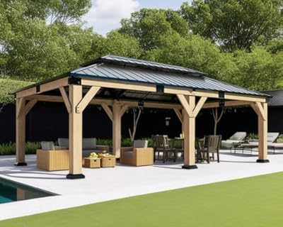 AMERLIFE 12x20FT Outdoor Wood Gazebo, Hardtop Pergola with Metal Roof & Spruce Wood Frame, Backyard Gazebo for Garden,Conversation,Gray Brown