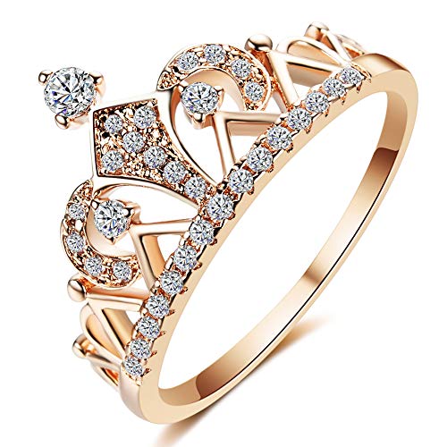 QJLE Princess Crown Tiara Cubic Zirconia Engagement Rings for Women,18K Rose Gold Plated Tiny CZ Promise Girl Rings Wedding Bands (Rose Gold, 7.5)