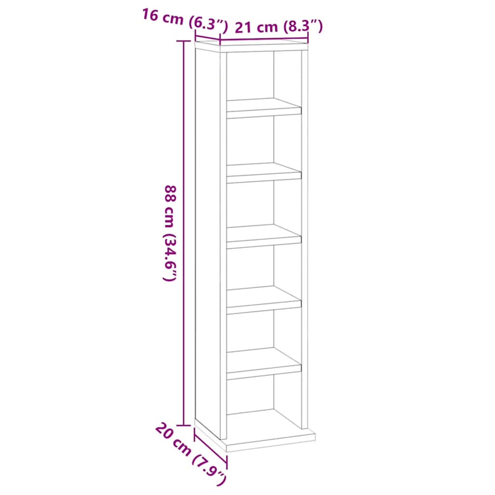 CD-Schrank, Weiß, 21x20x88 cm, aus Holzwerkstoff mit 6 offenen Fächern für CDs, Schallplatten und Zubehör, ideal als Raumteiler, für Wohnzimmer, Büro oder Schlafzimmer